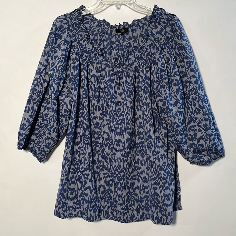 TALBOTS Ikat Print Boatneck 3/4 SLV Cotton 3 Button Blue Peasant Blouse SZ 2X